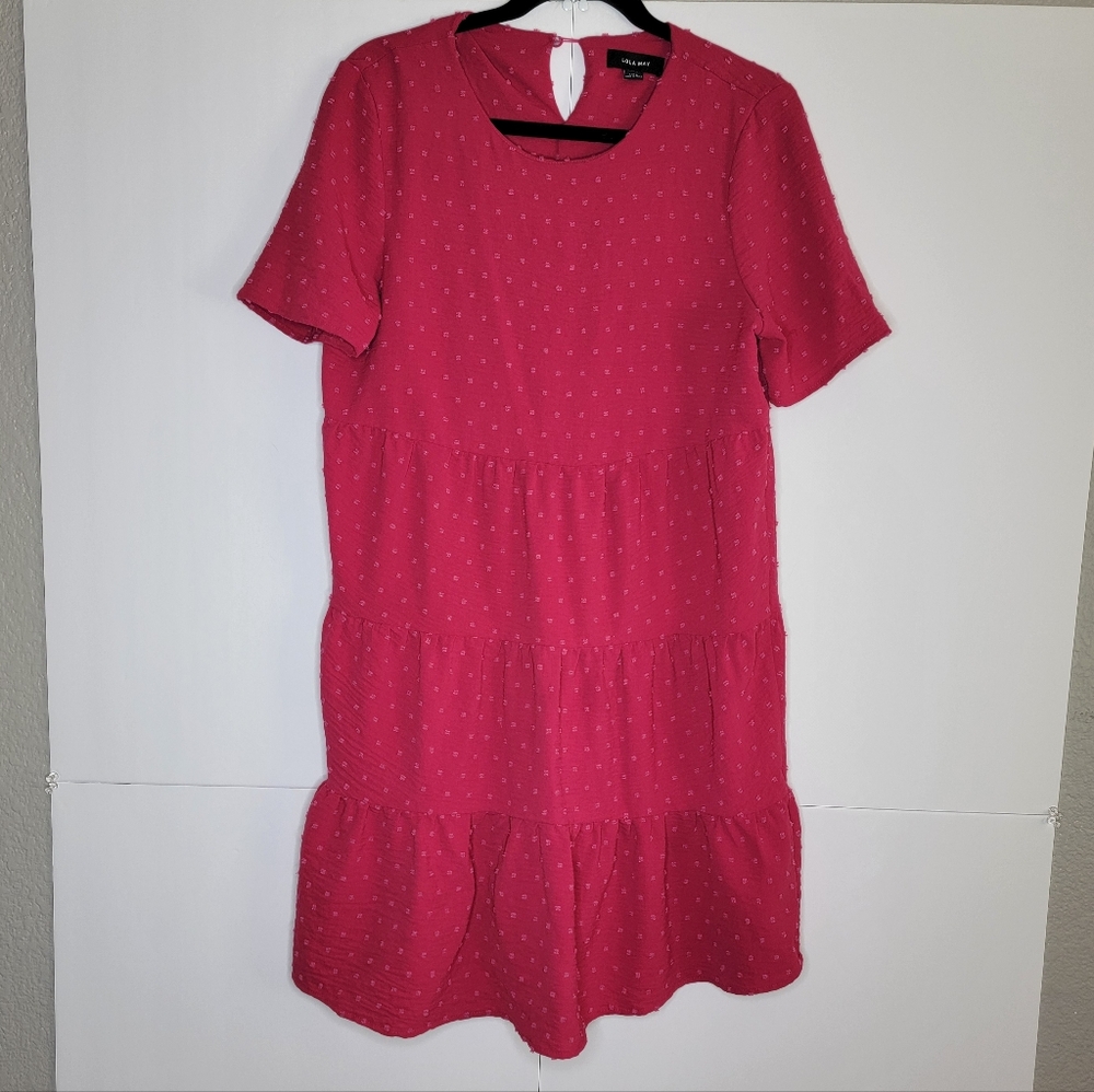 Lola May Pink Swiss Dot Tiered Babydoll Dress Short Sleeve Size M